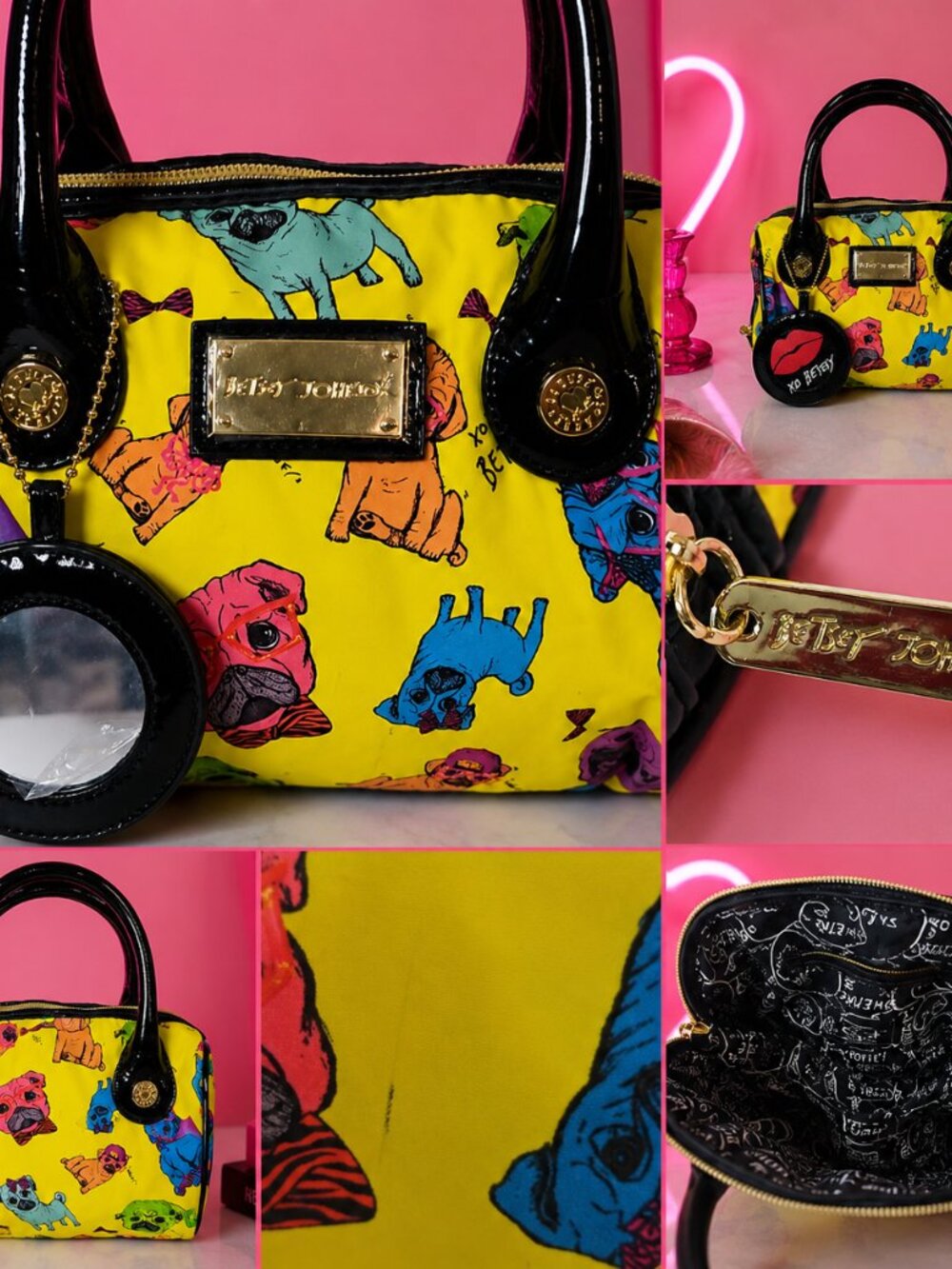 Vintage Betsey Johnson Yellow Puppy Print Satchel Handbag Mirror Charm - Picture 2 of 2